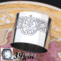 Antique French Sterling Silver Napkin Ring, Scrolled Foliage & Rose or Floral