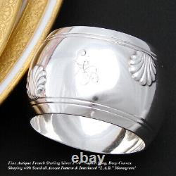 Antique French Sterling Silver Rounded Napkin Ring, Seashells, LAB Monogram