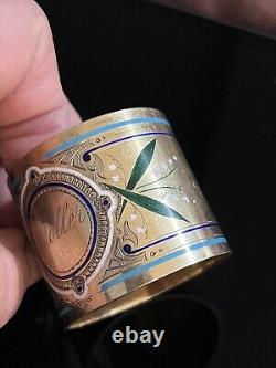 Antique Gilded Sterling Silver Napkin ring Lily Of The Valley enamel decoration
