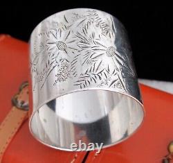 Antique Sterling Silver Floral Napkin Ring 925 Engraved Flowers Leaves Gertrude