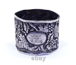 Antique Victorian WINE GRAPES LEAVES Repousse Sterling Silver Napkin Holder Ring