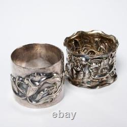 Art Nouveau Sterling Silver and Silverplate Floral Napkin Ring Holders Pair