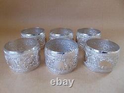 Beautiful Set Of 6 Antique Indian Solid Silver Elephant Napkin Rings M S