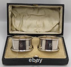 Boxed Pair of Antique Sterling Silver Napkin Rings H initial engraving d. 1916