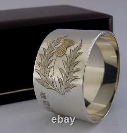 Cased Mint Sterling Silver & Gold Scottish Thistle Napkin Ring 1977