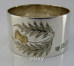 Cased Mint Sterling Silver & Gold Scottish Thistle Napkin Ring 1977