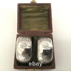 Cased Pair of Antique Sterling Silver Napkin Rings M initial engraving, d. 1911