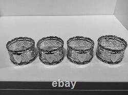 Cased Set 4 Solid Sterling Silver Napkin Rings, 1903, W Devenport, Birmingham