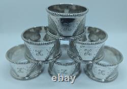 Cased Set of 6 Antique English Sterling Silver Napkin Rings K initial, d. 1898