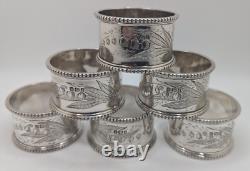 Cased Set of 6 Antique English Sterling Silver Napkin Rings K initial, d. 1898