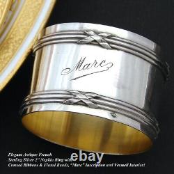 Elegant Antique French Sterling Silver 2 Napkin Ring with Ribbon Bands & Marc