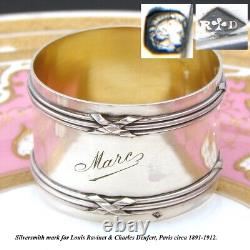 Elegant Antique French Sterling Silver 2 Napkin Ring with Ribbon Bands & Marc