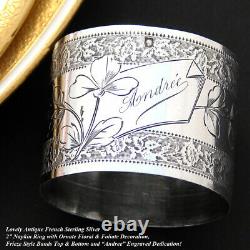 Elegant Antique French Sterling Silver Napkin Ring, Floral, Andree Inscription