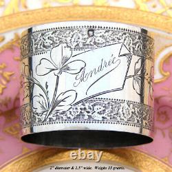 Elegant Antique French Sterling Silver Napkin Ring, Floral, Andree Inscription
