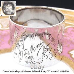 Fine Antique French 800 (nearly sterling) Silver 2 Napkin Ring, Floral, Marie