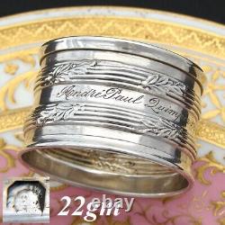Fine Antique French Sterling Silver 2 Napkin Ring, Foliage Accented Bands