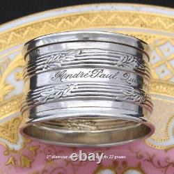 Fine Antique French Sterling Silver 2 Napkin Ring, Foliage Accented Bands