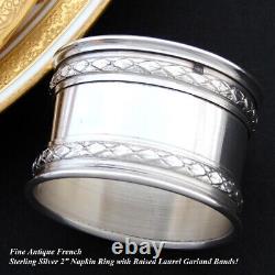 Fine Antique French Sterling Silver 2 Napkin Ring, Raised Laurel Bands