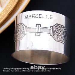 Fine Antique French Sterling Silver Napkin Ring, Floral, Marcelle Inscription