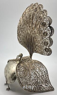 Napkin Holder, Solid Sterling Silver 925 Filigree Peacock Figurine Handmade 126g