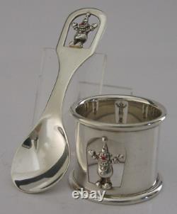 Novelty Sterling Silver Clown Napkin Ring & Spoon 2005 Christening Gift