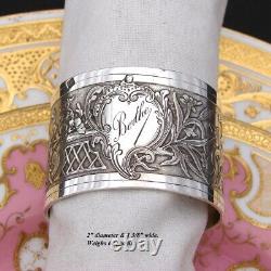 Ornate Antique French Sterling Silver 2 Napkin Ring, Ornate Foliate, Berthe