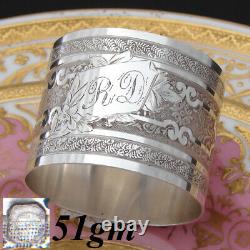 Ornate Antique French Sterling Silver Napkin Ring, Floral, RD Monogram