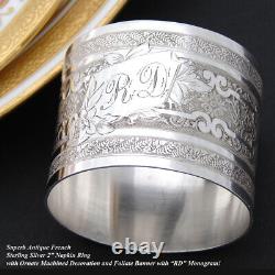 Ornate Antique French Sterling Silver Napkin Ring, Floral, RD Monogram