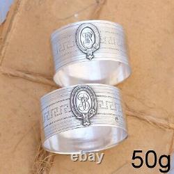 PAIR Antique French Sterling Silver Napkin Ring Highly Guilloche Style Cartouche