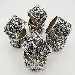 SET 8 NAPKIN RINGS SIAM STERLING SILVER Embossed Decoration Early 20th Century