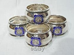 SET OF FOUR ENAMEL SOLID STERLING SILVER NAPKIN RINGS A. J. Bailey Clacton-on-Sea