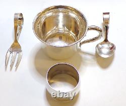 STERLING SILVER 950 SIGNED Child Cup Spoon & Fork NAPKIN RING IN BOX No Monogram