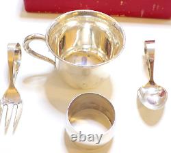 STERLING SILVER 950 SIGNED Child Cup Spoon & Fork NAPKIN RING IN BOX No Monogram