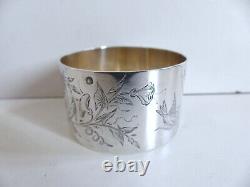SUPERB ANTIQUE FRENCH SOLID STERLING SILVER 800 NAPKIN RING w. BIRD & DRAGONFLY