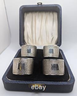 Set of 4 Cased Antique English Sterling Silver Napkin Rings E initial, d. 1936