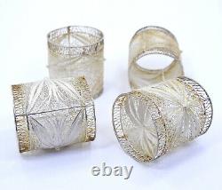 Set of 4 Vintage Antique ITALIAN style CANNETILLE Sterling Silver NAPKIN RINGS