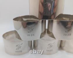 Set of 6 Cased Antique English Sterling Silver Napkin Rings F initial, d. 1928