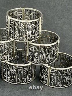Set of 6 Egyptian silver napkin rings with Hieroglyphics