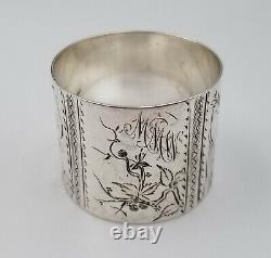 Sterling Silver Napkin Ring Bright Cut Flower & Plant Design 1 1/4 x 1 1/2