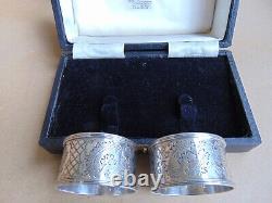 Wonderful Pair Edwardain Sterling Silver Flowers Napkin Rings 1903, Box