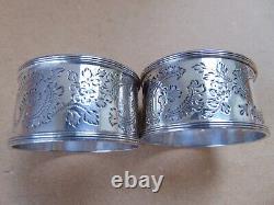 Wonderful Pair Edwardain Sterling Silver Flowers Napkin Rings 1903, Box