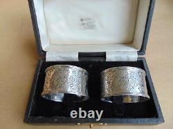 Wonderful Pair Edwardain Sterling Silver Flowers Napkin Rings 1903, Box