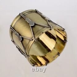 Anneau de serviette en argent sterling doré de style victorien antique en forme de tambour avec étui