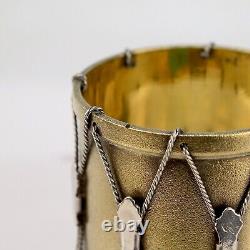 Anneau de serviette en argent sterling doré de style victorien antique en forme de tambour avec étui