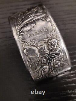 Antique Art Nouveau Napkin Ring Holder Sterling Silver Repousse Flowers Elf Girl