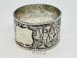 Antique Chinese Sterling Silver Main Chased Scène De Bataille Détaillée Napkin Ring