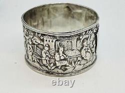 Antique Chinese Sterling Silver Main Chased Scène De Bataille Détaillée Napkin Ring