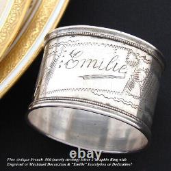 Antique Français 800 (près De La Livre Sterling) Silver 2 Nappkin Ring, Emilie Inscription