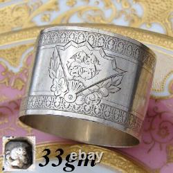 Antique French Sterling Silver 1 7/8 Nappkin Ring, Vanity Fan Médaillon Avec Et