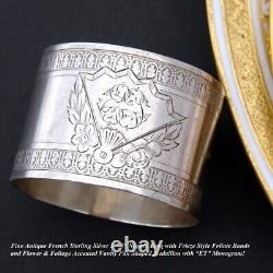 Antique French Sterling Silver 1 7/8 Nappkin Ring, Vanity Fan Médaillon Avec Et